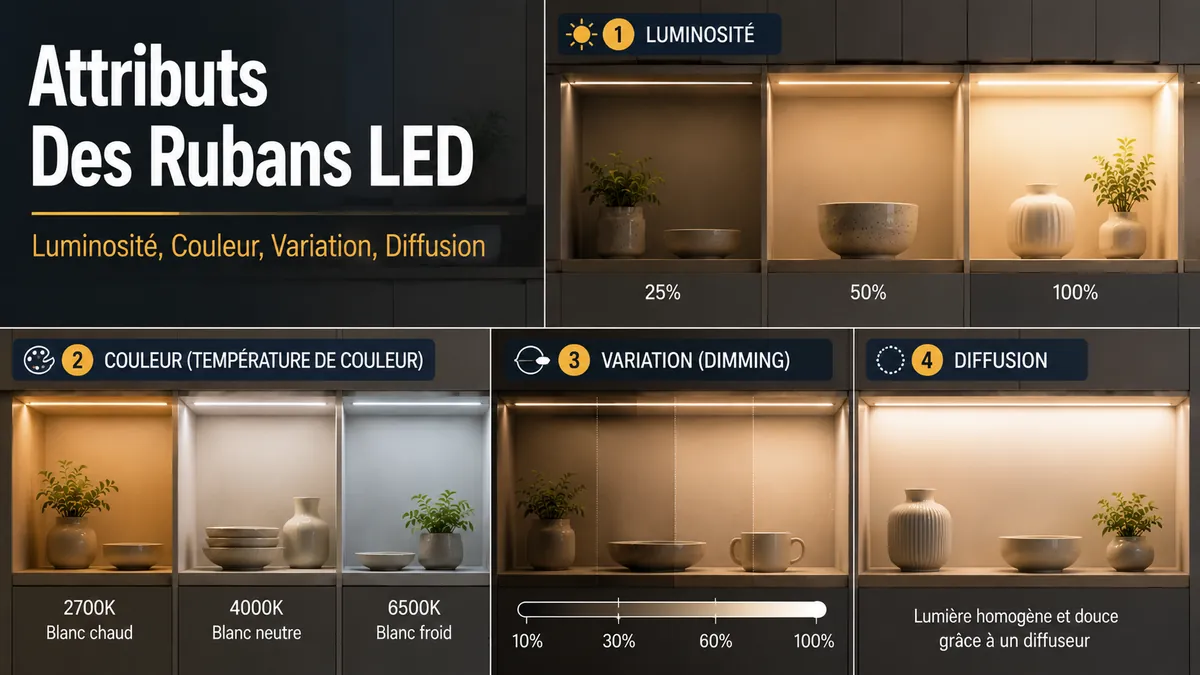 Éclairage de placard par ruban LED avec différents niveaux de luminosité, températures de couleur, variation et lumière diffuse