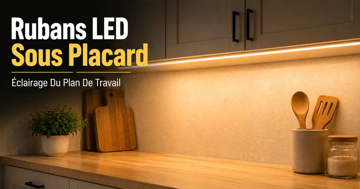 Ruban LED installé sous des placards de cuisine pour éclairer le plan de travail à la maison