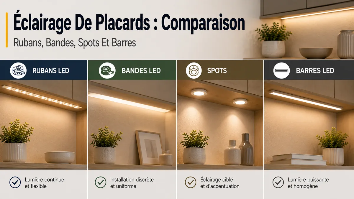 Comparaison des rubans LED, bandes LED, spots et barres lumineuses pour placards de la maison
