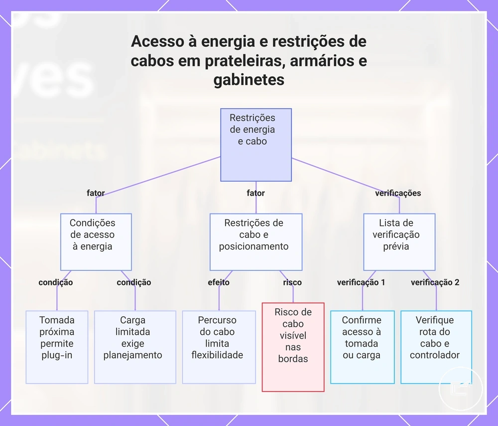 Acesso à energia e restrições de cabos em prateleiras, armários e gabinetes