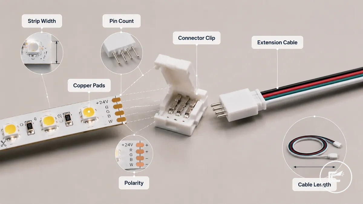 Compatibilidade de conectores e cabos de extensão para fita de LED mostrando largura da fita, número de pinos e polaridade