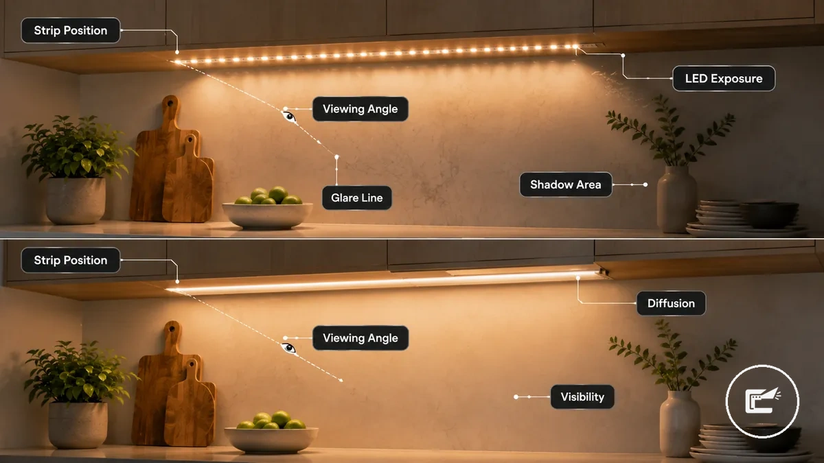 Fatores de posicionamento de fita de LED mostrando visibilidade, ofuscamento, sombra, ângulo de visão e difusão