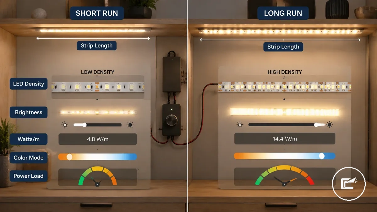 Gráfico comparativo dos fatores de potência que alteram o consumo de energia de fitas de LED, incluindo comprimento da fita e densidade de LEDs