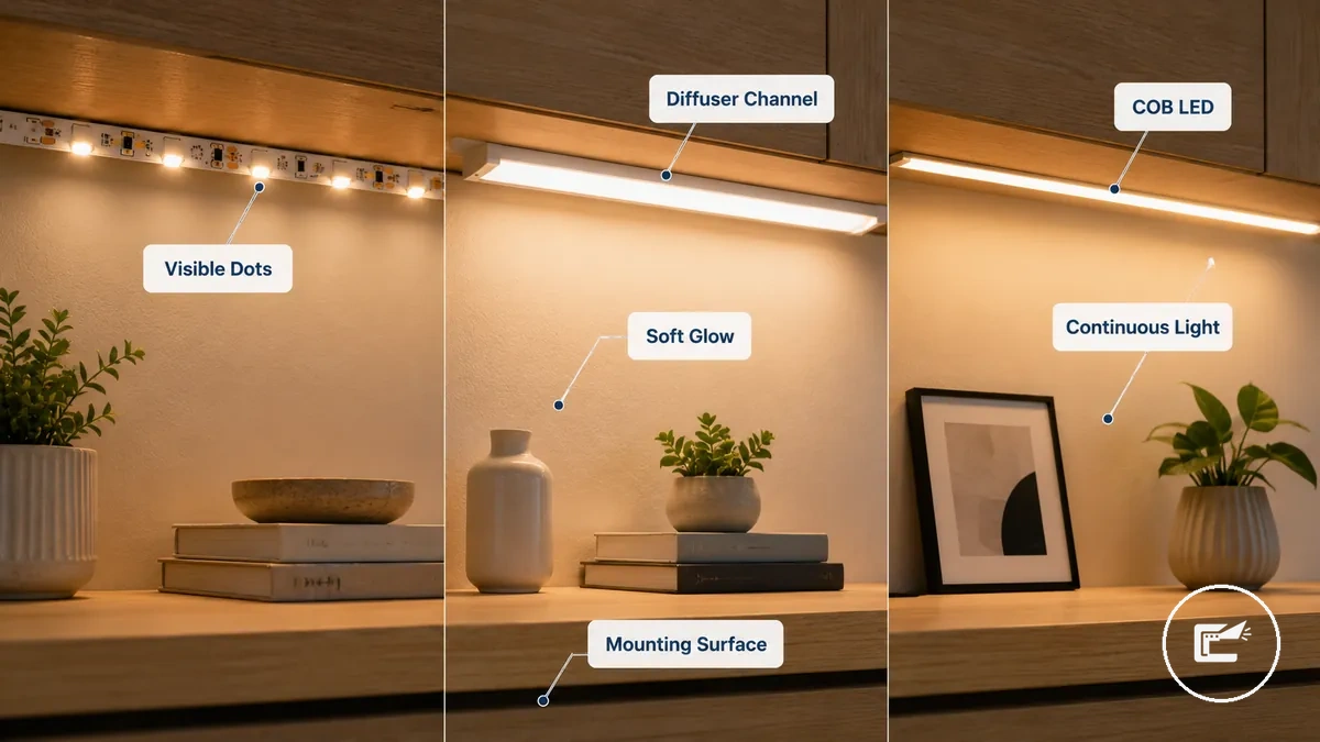 Comparação entre fita de LED difusa e fita COB para ambiente interno suave em superfícies de armários e prateleiras