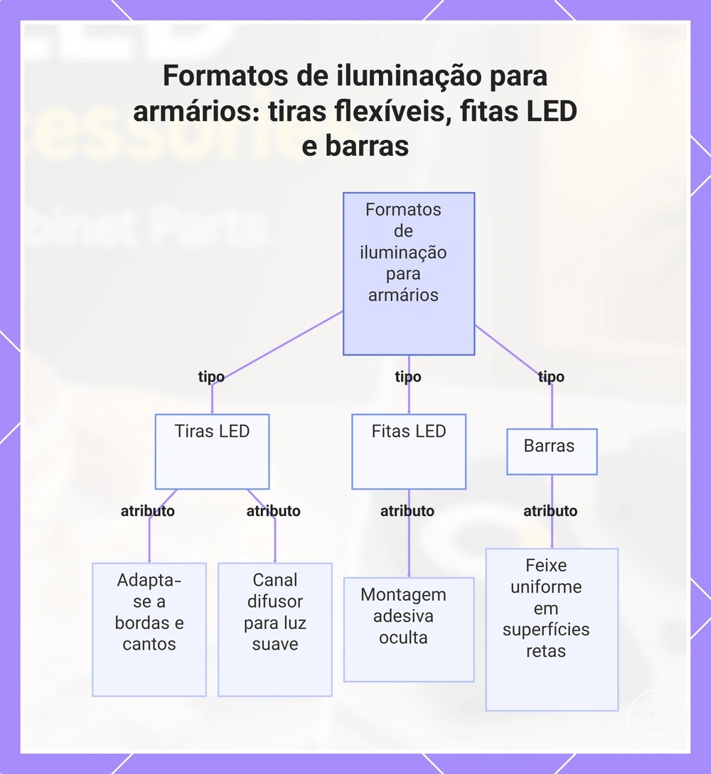 Formatos de iluminação para armários: tiras flexíveis, fitas LED e barras