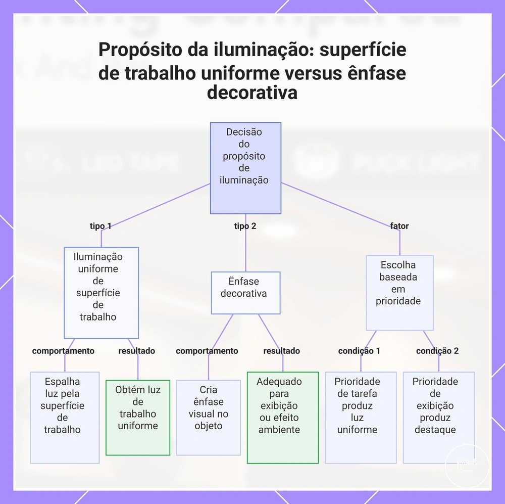 Propósito da iluminação: superfície de trabalho uniforme versus ênfase decorativa