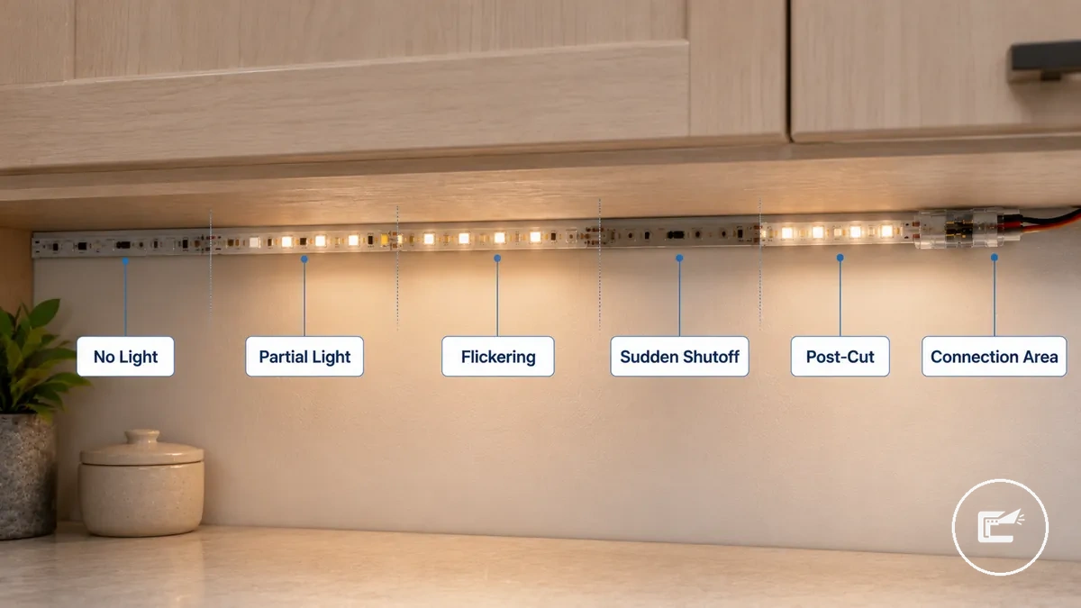 Sintomas de falha antes de testar uma fita de LED mostrando ausência de luz, luz parcial, cintilação e falha pós-conexão