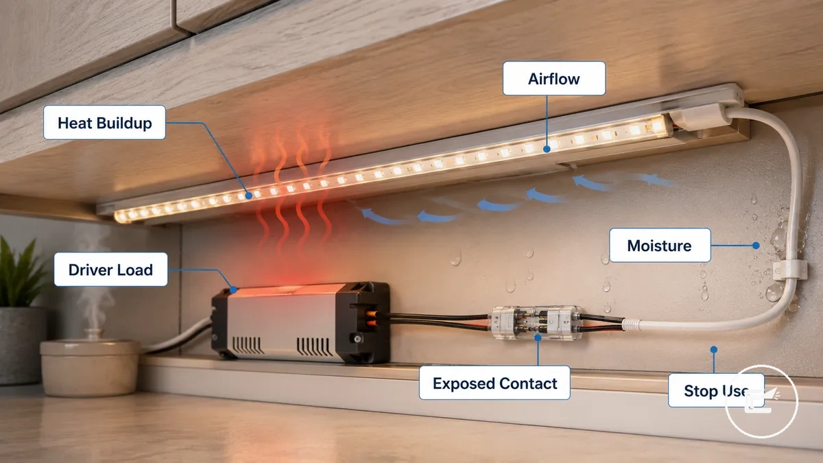 Verificações de risco de incêndio e superaquecimento para fitas de LED e iluminação de armários mostrando fluxo de ar, compartimento, acúmulo de calor e pontos de risco