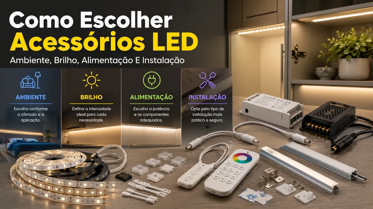 Acessórios para fitas de LED e iluminação de armários escolhidos por ambiente, brilho, alimentação e instalação