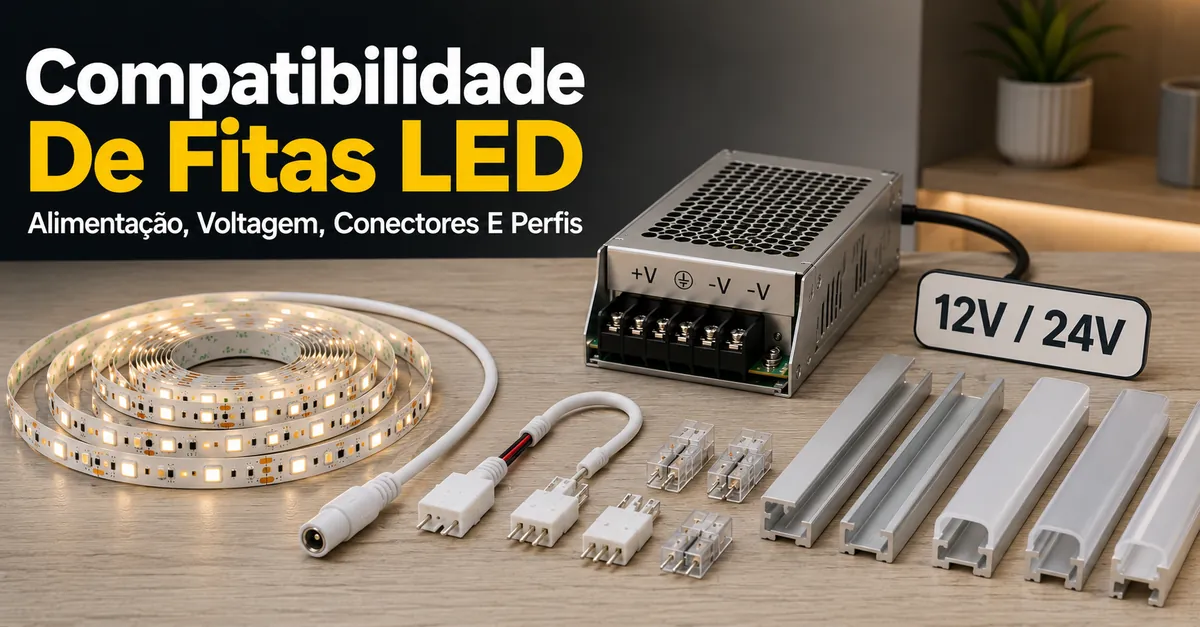 Peças de compatibilidade para fitas de LED com fonte de alimentação, etiqueta de voltagem, conectores e perfis difusores