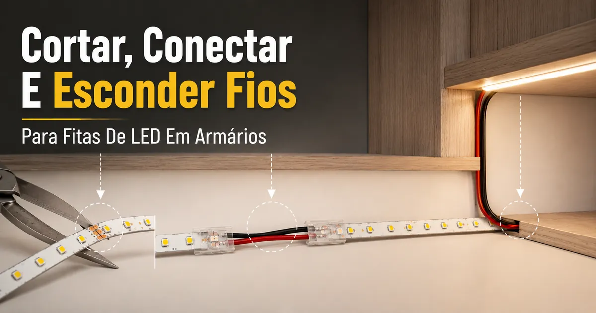 Corte, conexão e passagem discreta de fios de fitas de LED para instalação de iluminação em armários