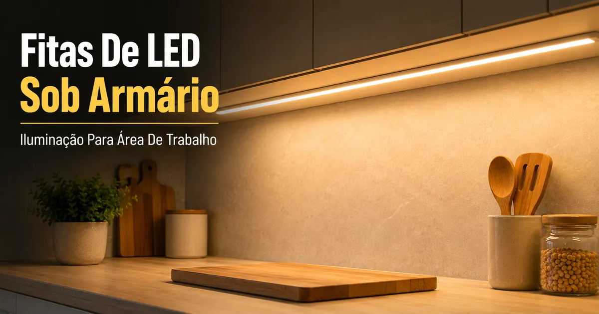 Fita de LED instalada sob armários de cozinha para iluminar a área de trabalho