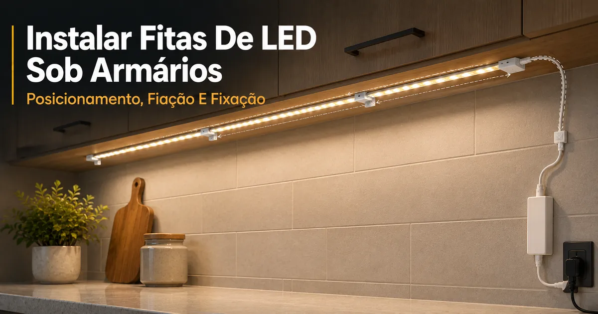 Instalação de fitas de LED sob armários com posicionamento da fita, fiação e acessórios de fixação