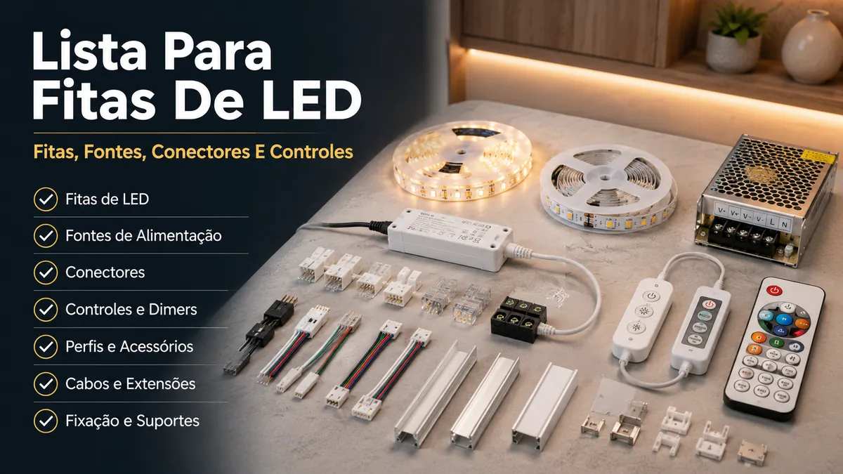 Lista de compra para fitas de LED e iluminação de armários com fitas, fontes de alimentação, conectores e controladores