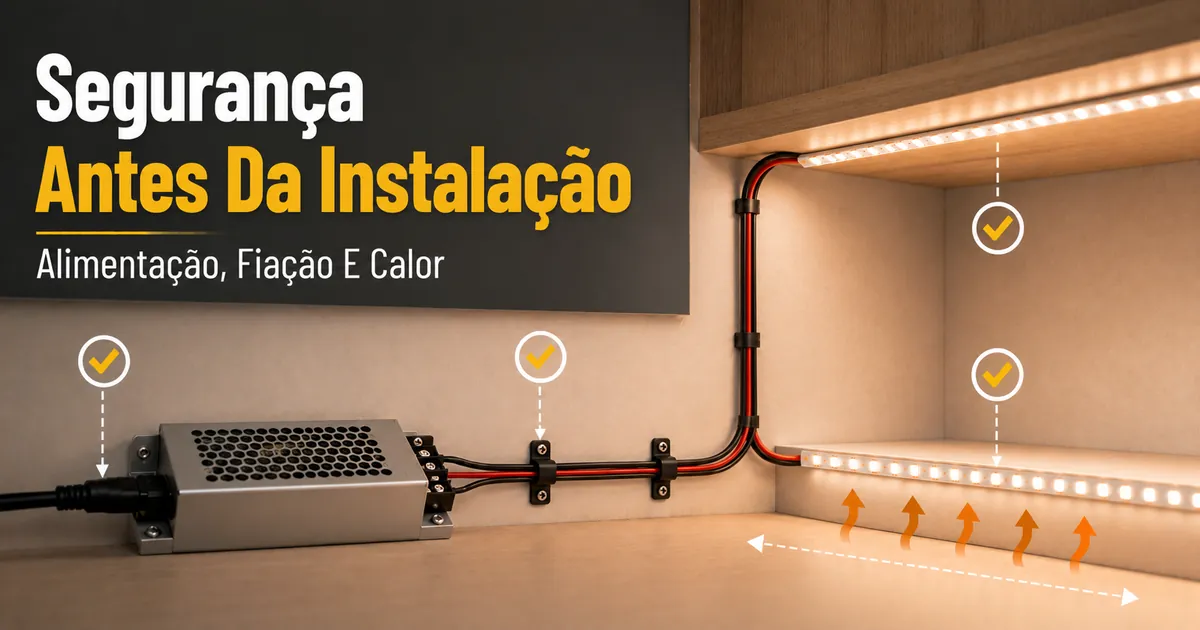 Lista de segurança para instalação de fitas de LED e iluminação de armários com fonte de alimentação, fiação e espaço para dissipação de calor