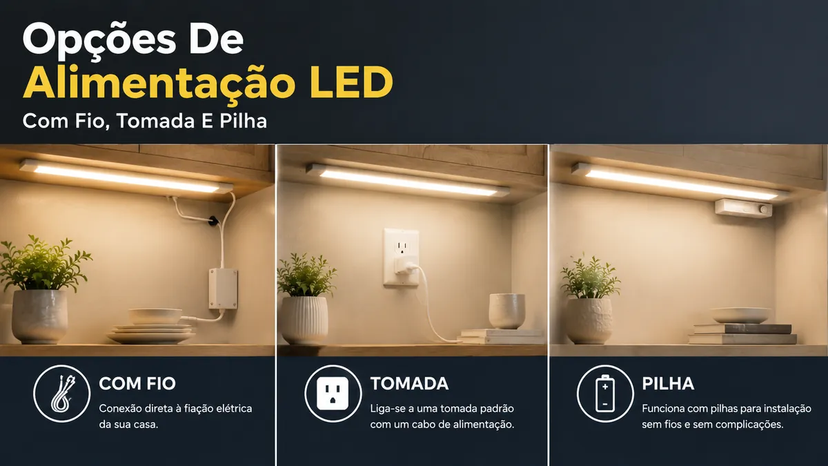 Comparação de opções de alimentação com fio, tomada e pilha para iluminação LED de armários em casa
