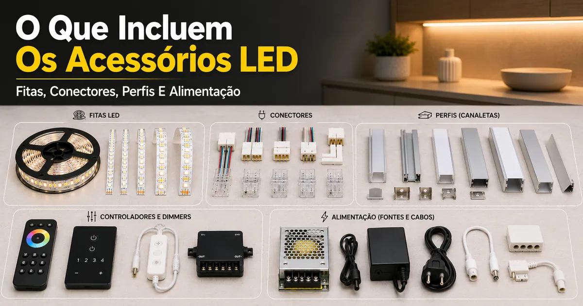 Diferentes acessórios para fitas de LED e iluminação de armários, com fitas, conectores, perfis, controladores e peças de alimentação