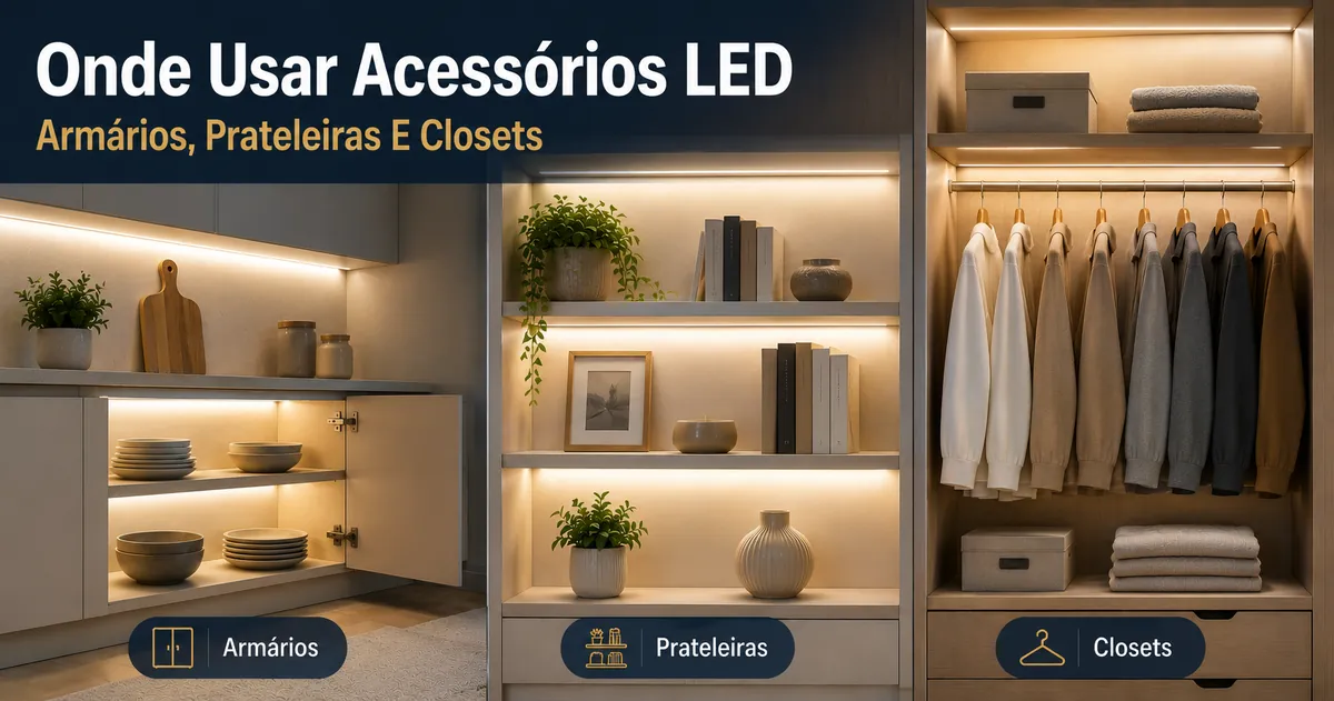 Exemplos de uso interno de acessórios para fitas de LED e iluminação de armários em móveis, prateleiras e closets
