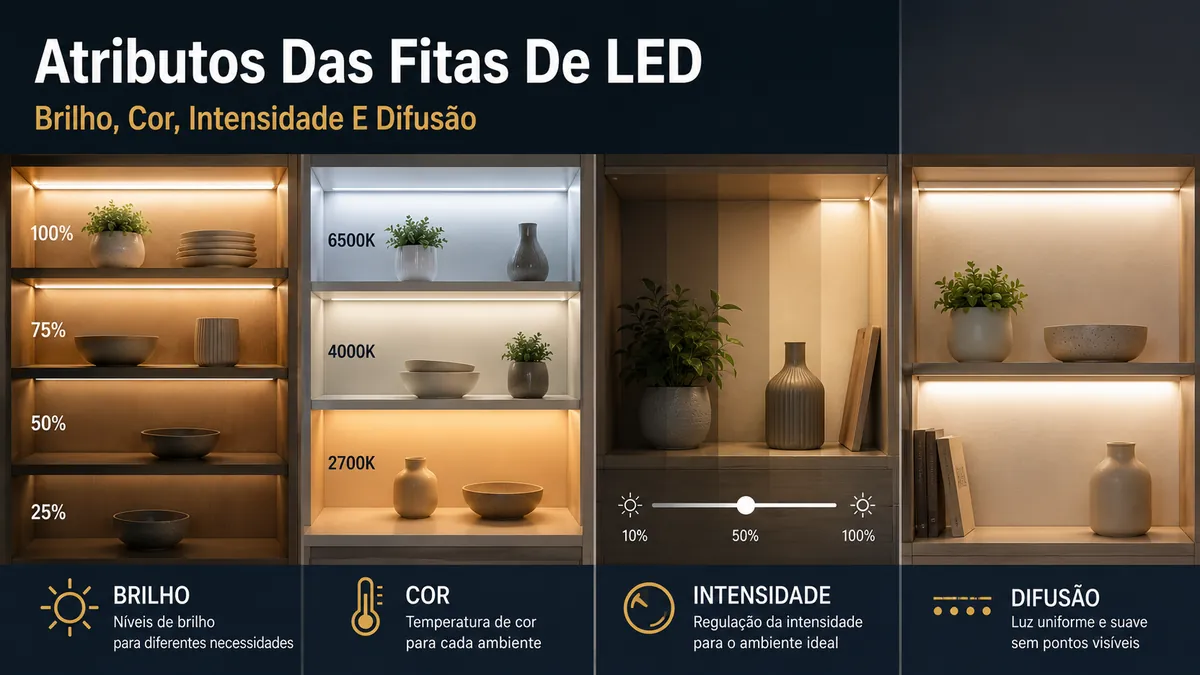 Iluminação de armário com LED mostrando diferentes níveis de brilho, temperaturas de cor, controle de intensidade e luz difusa