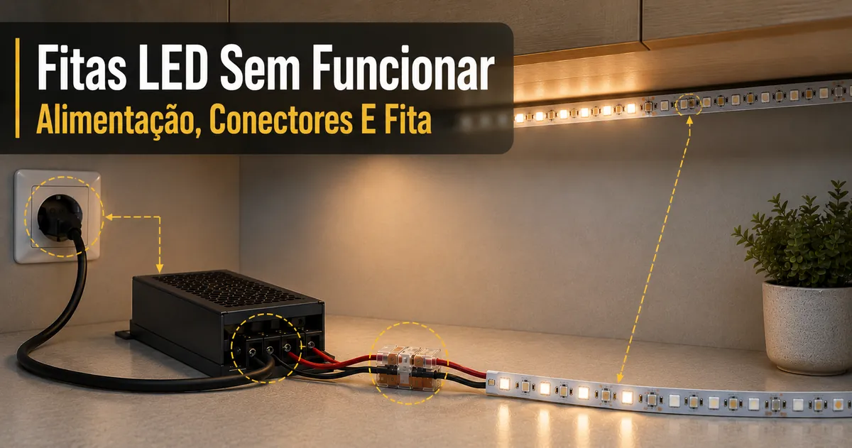 Solução de problemas em fitas de LED sob armário que não funcionam por falhas de alimentação, conectores ou da própria fita