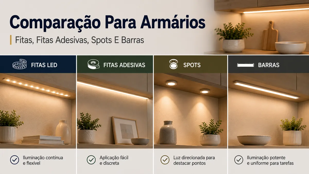 Comparação de fitas de LED, fitas adesivas, spots e barras de iluminação para armários domésticos