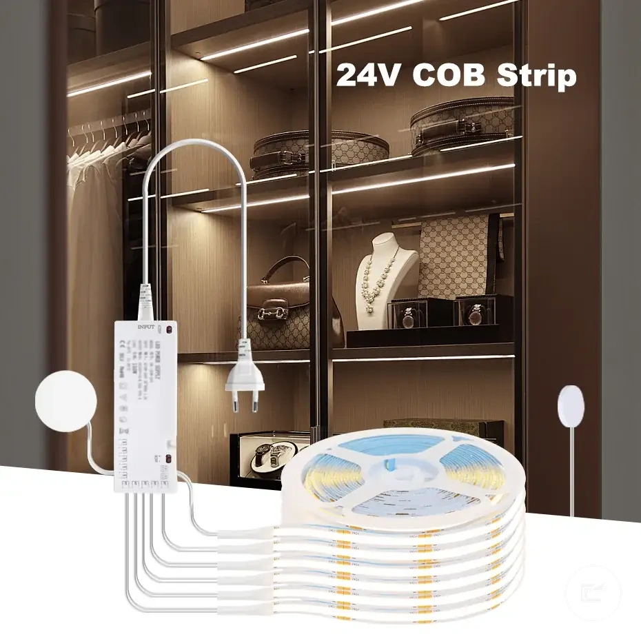 Dolap aydınlatması için fişli, dokunmatik dimmerli ve yapışkan arkalı 24V COB LED şerit