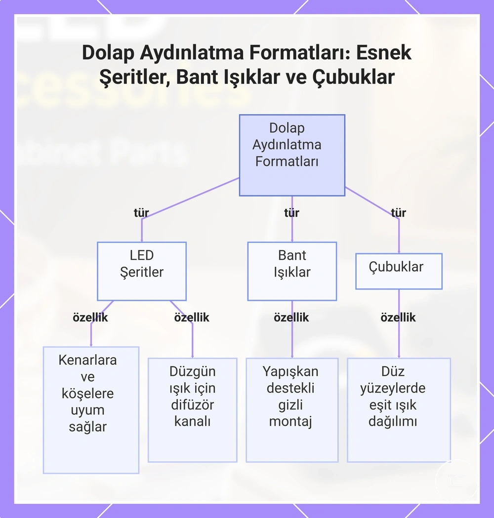 Dolap Aydınlatma Formatları: Esnek Şeritler, Bant Işıklar ve Çubuklar