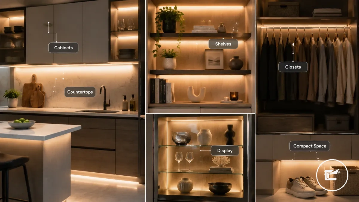 LED şerit ve dolap aydınlatması için mutfak dolapları, raflar, kilerler, gardıroplar ve sergileme dolaplarındaki ana iç mekân alanları