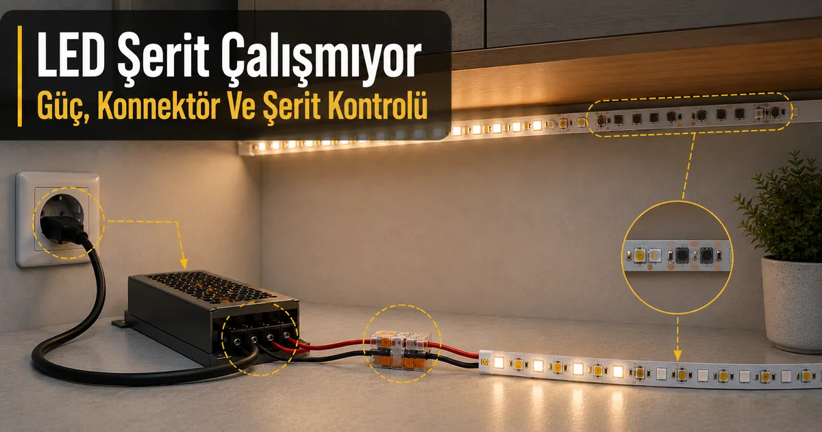 Güç, konnektör veya şerit sorunları nedeniyle çalışmayan dolap altı LED şeritler için sorun giderme