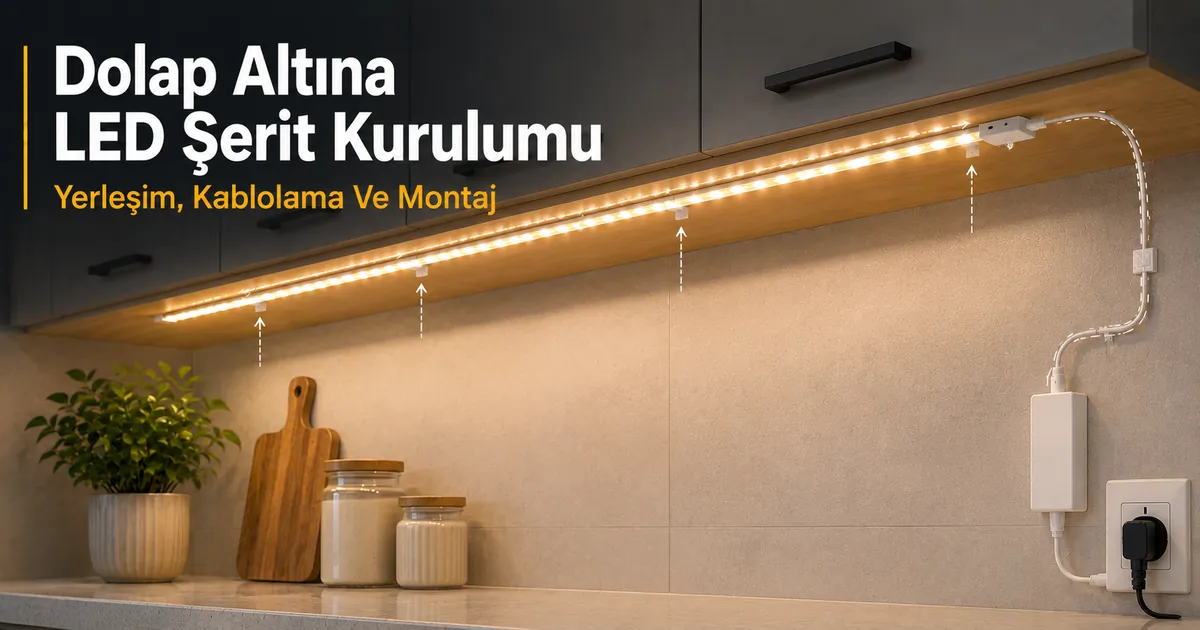 Şerit yerleşimi, kablolama ve montaj aksesuarlarıyla dolap altına LED şerit ışık kurulumu