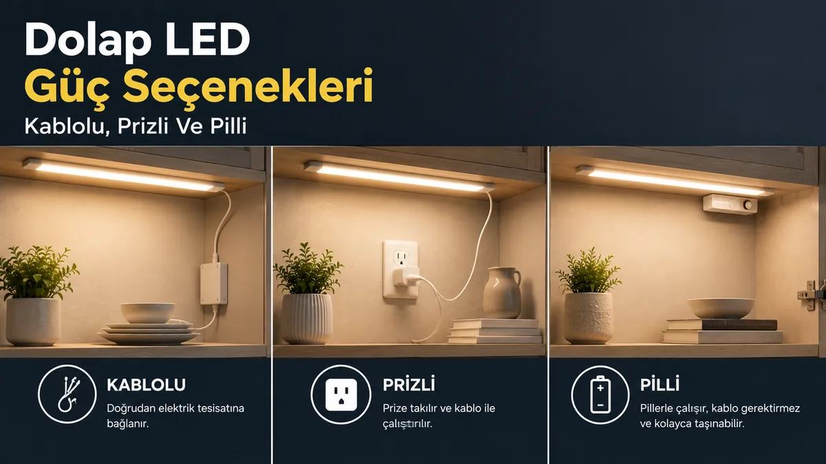 Ev kurulumu için kablolu, prizli ve pilli dolap LED aydınlatma güç seçeneklerinin karşılaştırması