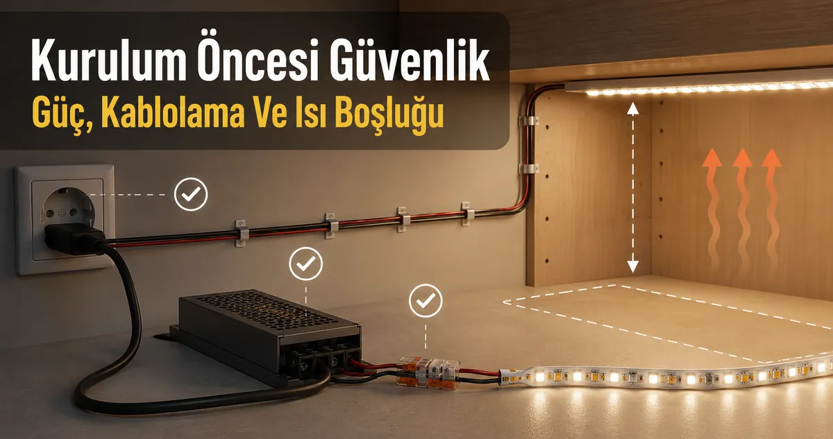 Güç kaynağı, kablolama ve ısı boşluğu ile LED şerit ve dolap aydınlatması kurulum güvenlik listesi