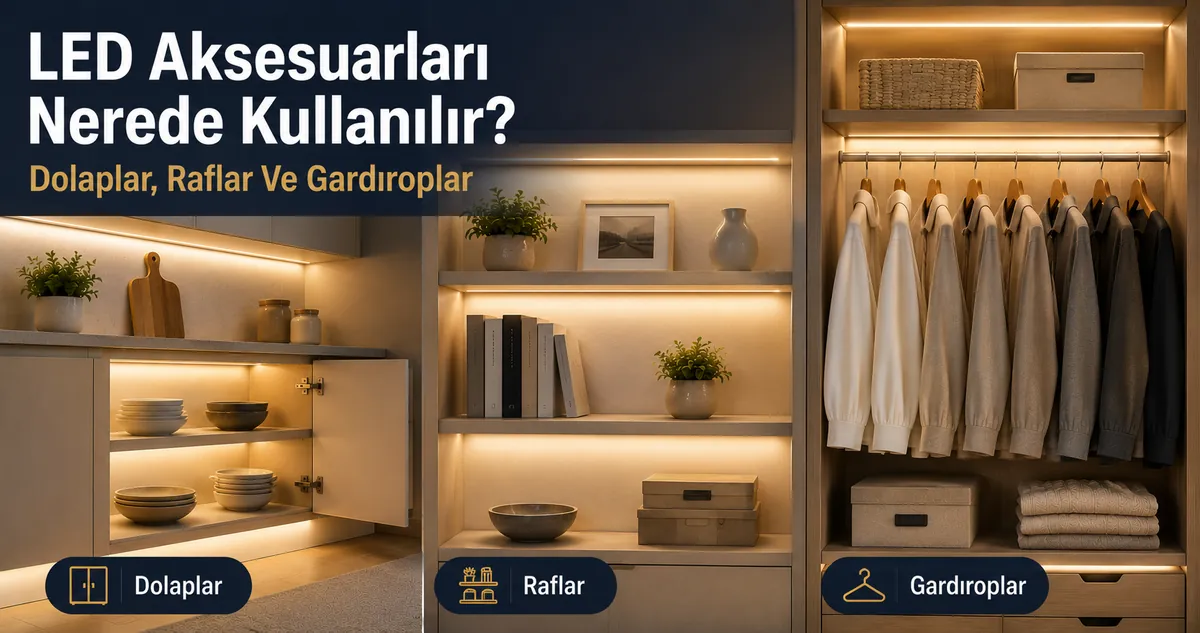 Dolaplar, raflar ve gardıroplarda LED şerit ve dolap aydınlatma aksesuarları için iç mekân yerleşim örnekleri