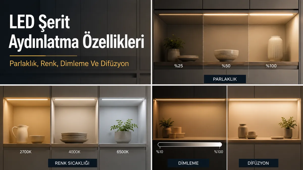 Farklı parlaklık seviyeleri, renk sıcaklıkları, dimleme ve difüz ışık gösteren dolap LED şerit aydınlatması