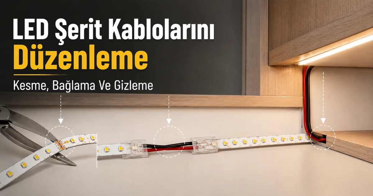 Dolap aydınlatması kurulumunda LED şerit kablolarının kesilmesi, bağlanması ve gizlenmesi