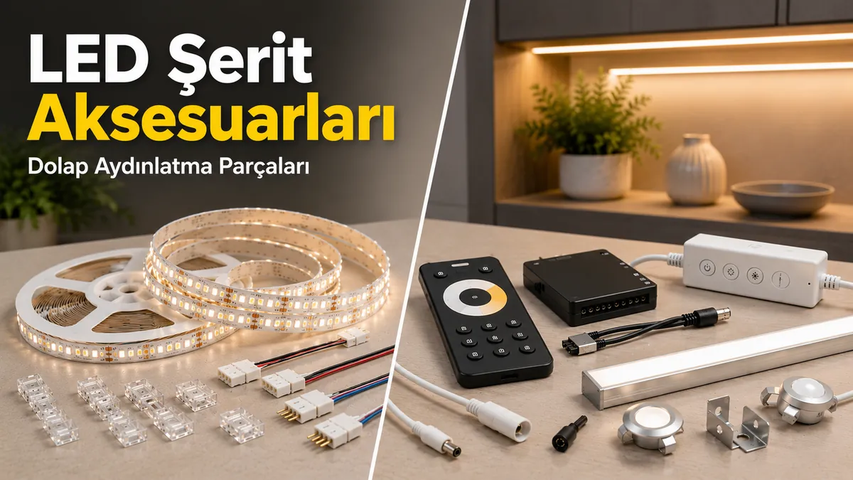 LED şerit ve dolap aydınlatma aksesuarları; şeritler, konnektörler, kontrolcüler ve aydınlatma parçalarıyla birlikte