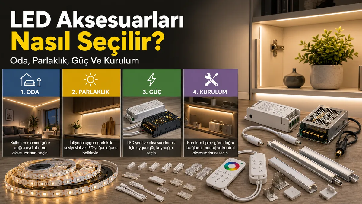 Oda tipi, parlaklık, güç ve kurulum ihtiyacına göre seçilen LED şerit ve dolap aydınlatma aksesuarları