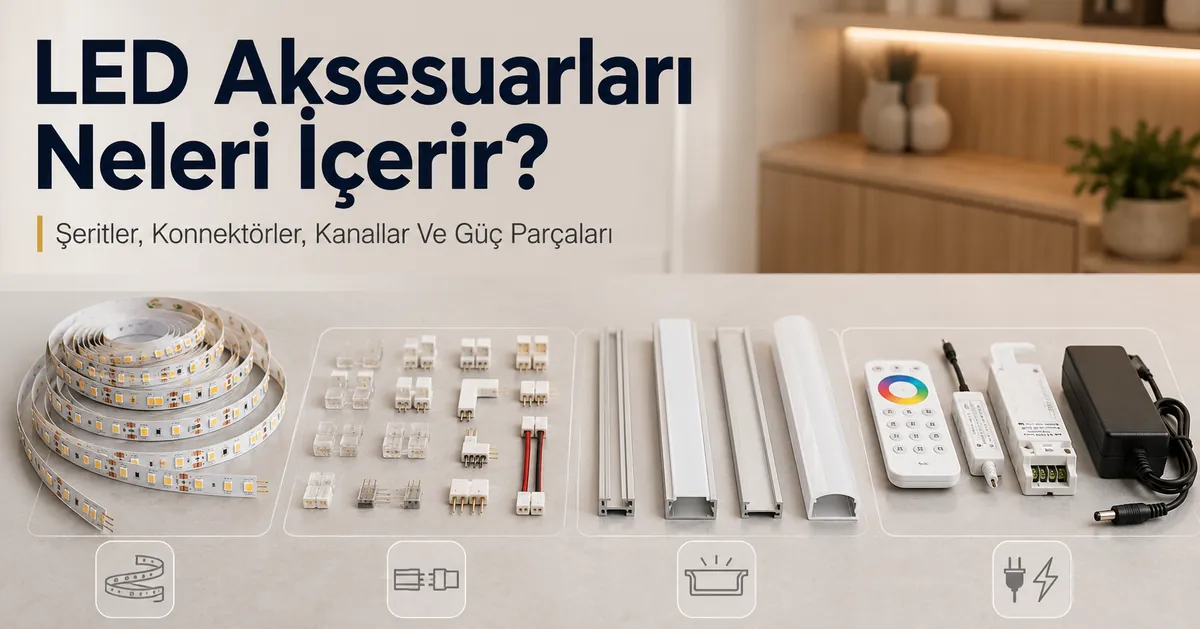LED şerit ve dolap aydınlatma aksesuarları arasında şeritler, konnektörler, kanallar, kontrolcüler ve güç parçaları