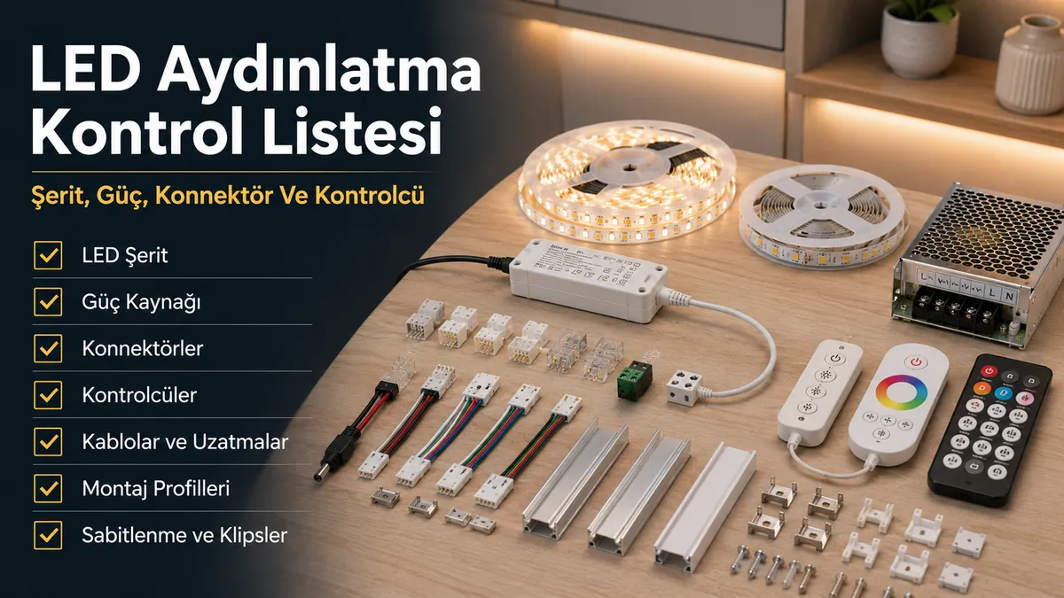 Şeritler, güç kaynakları, konnektörler ve kontrolcülerle LED şerit ve dolap aydınlatması satın alma kontrol listesi