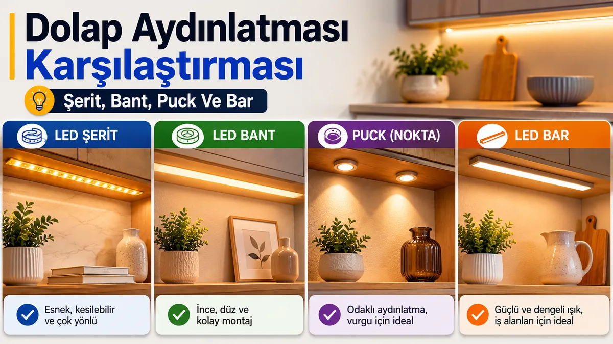Ev dolapları için LED şerit, bant, puck ve bar aydınlatma seçeneklerinin karşılaştırması