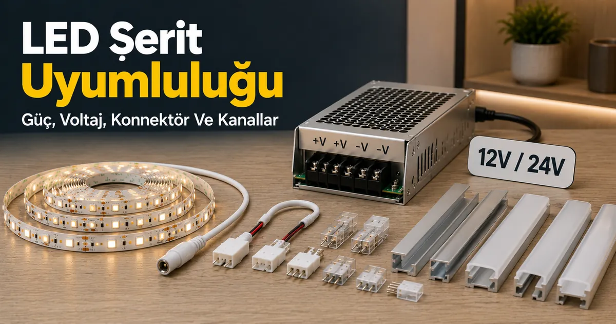 Güç kaynağı, voltaj etiketi, konnektörler ve difüzör kanallarıyla LED şerit uyumluluk parçaları
